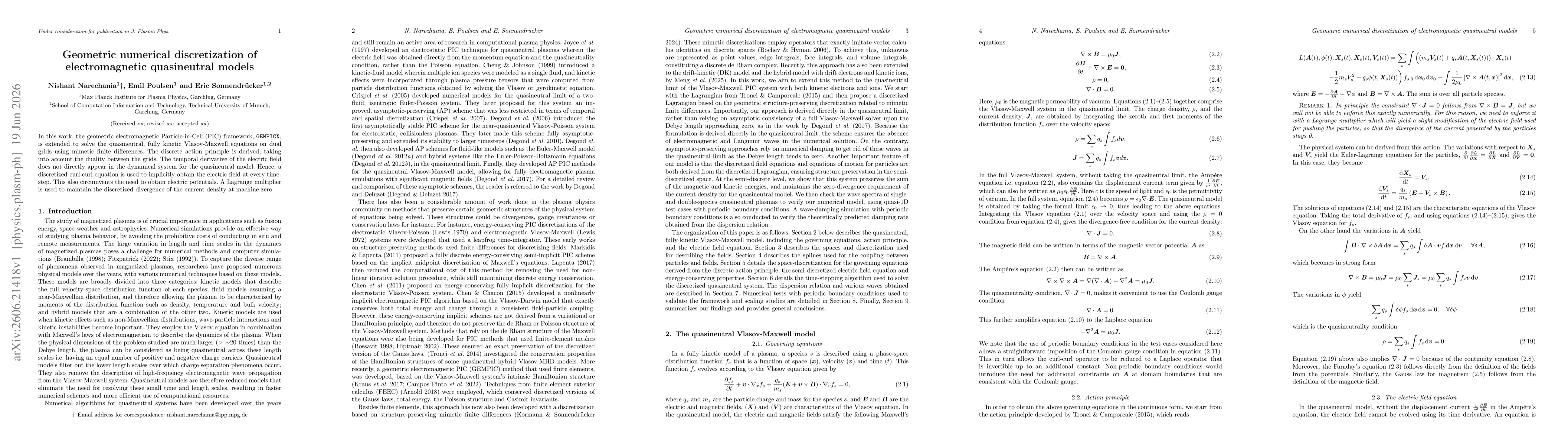 Thumbnail for Geometric numerical discretization of electromagnetic quasineutral models