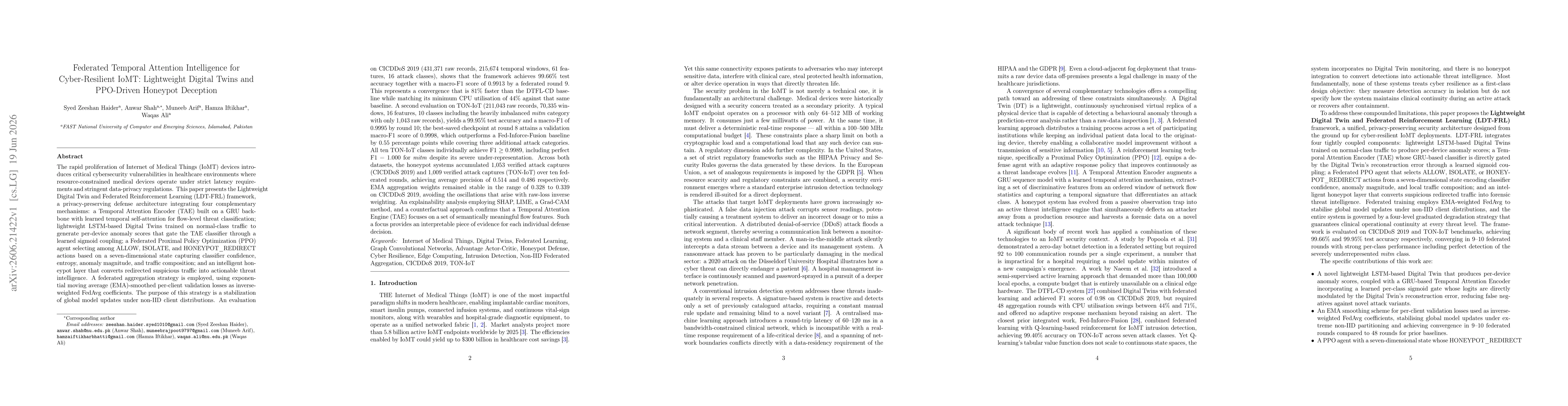 Thumbnail for Federated Temporal Attention Intelligence for Cyber-Resilient IoMT: Lightweight Digital Twins and PPO-Driven Honeypot Deception