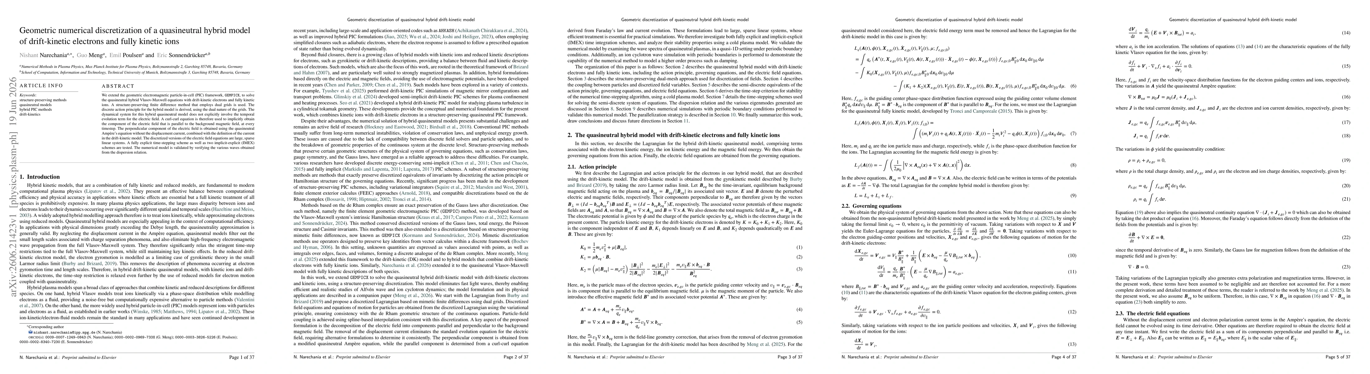 Thumbnail for Geometric numerical discretization of a quasineutral hybrid model of drift-kinetic electrons and fully kinetic ions