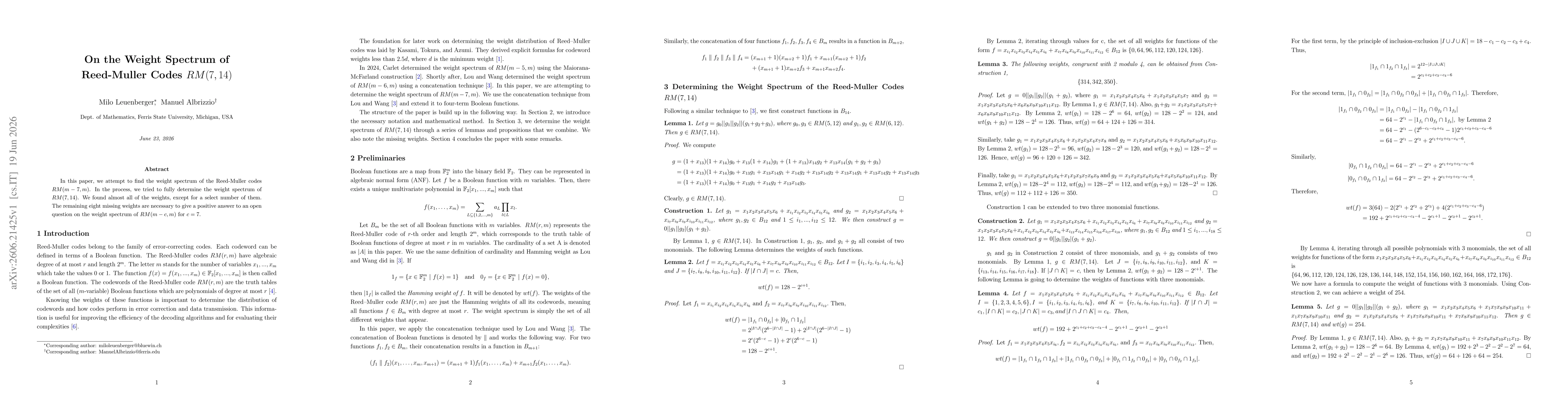 Thumbnail for On the Weight Spectrum of the Reed-Muller Codes $RM(7,14)$