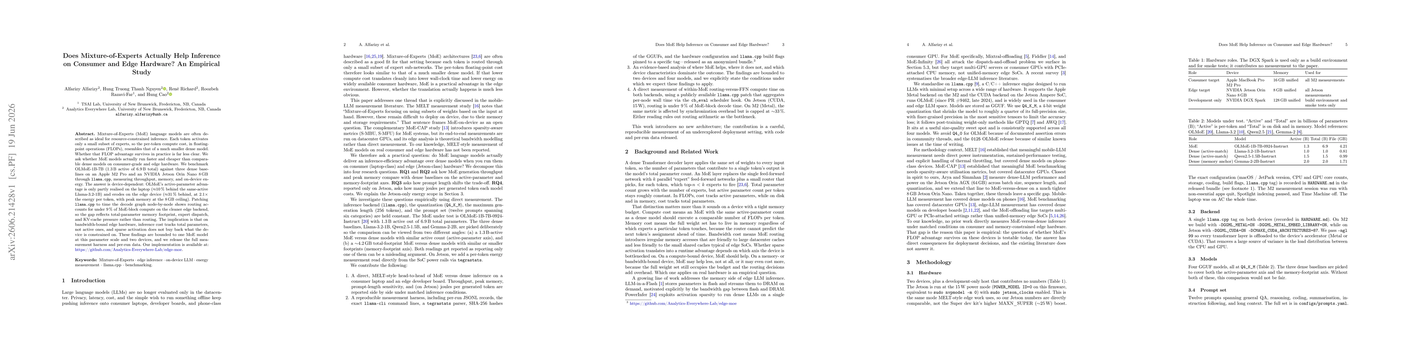Thumbnail for Does Mixture-of-Experts Actually Help Inference on Consumer and Edge Hardware? An Empirical Study