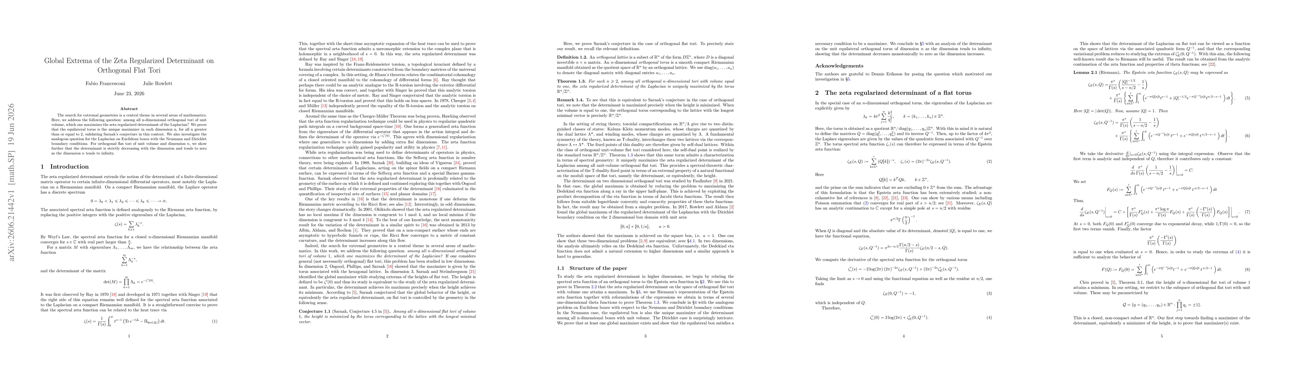 Thumbnail for Global Extrema of the Zeta Regularized Determinant on Orthogonal Flat Tori