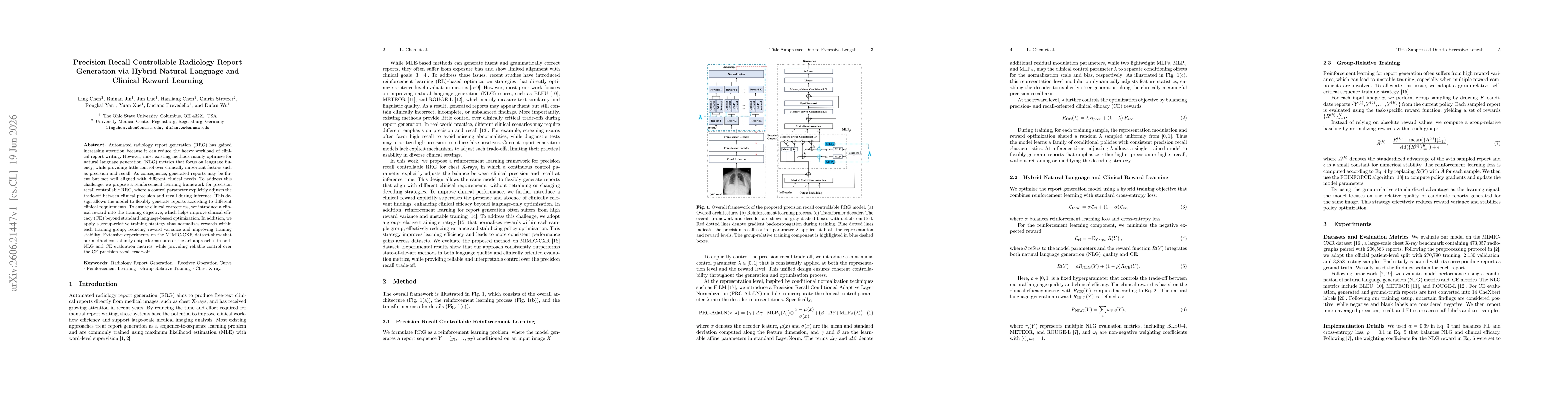 Thumbnail for Precision Recall Controllable Radiology Report Generation via Hybrid Natural Language and Clinical Reward Learning