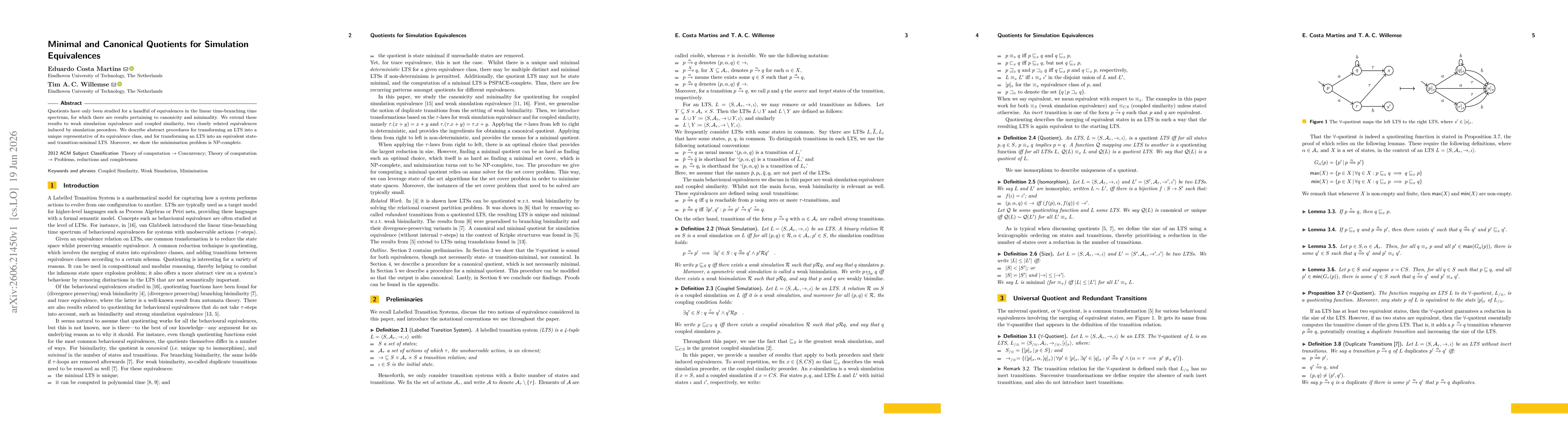 Thumbnail for Minimal and Canonical Quotients for Simulation Equivalences