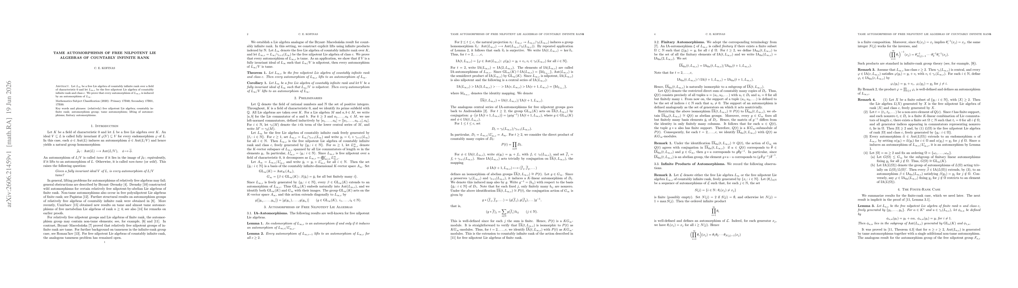 Thumbnail for Tame Automorphisms of Free Nilpotent Lie Algebras of Countably Infinite Rank