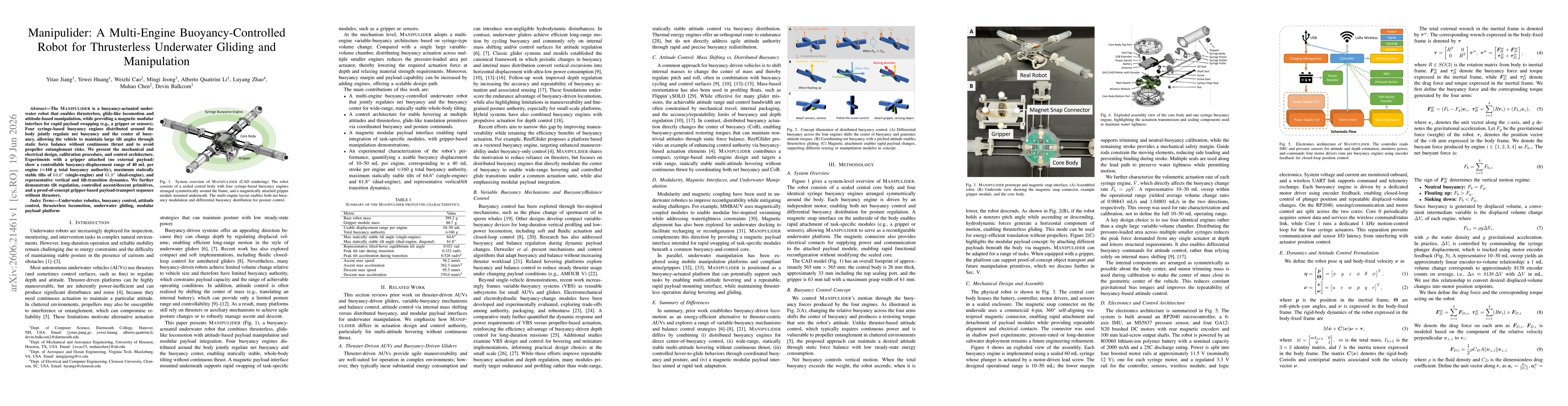 Thumbnail for Manipulider: A Multi-Engine Buoyancy-Controlled Robot for Thrusterless Underwater Gliding and Manipulation