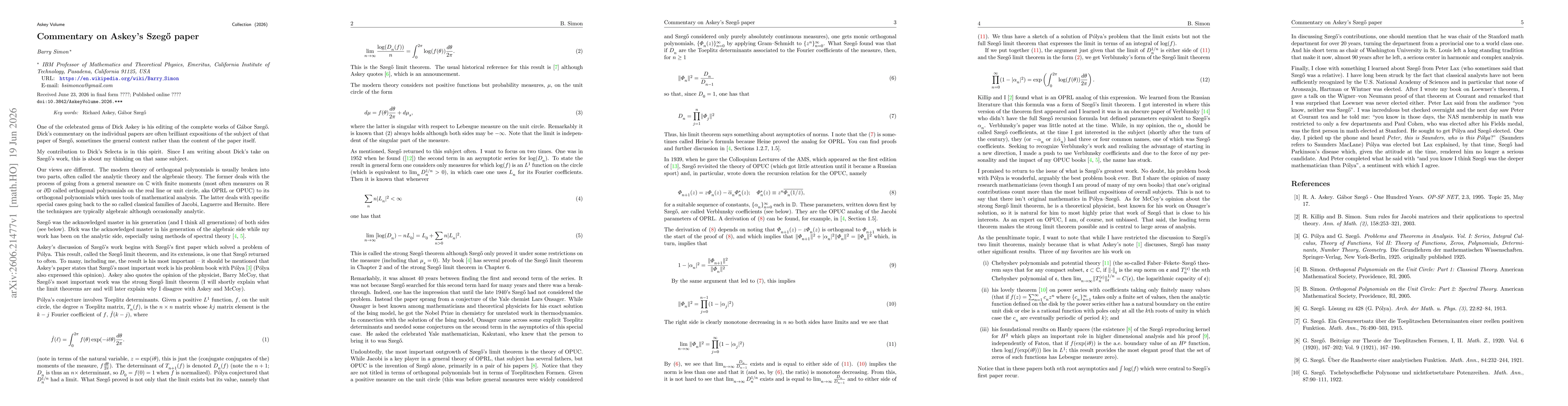 Thumbnail for Commentary on Askey's Szego paper