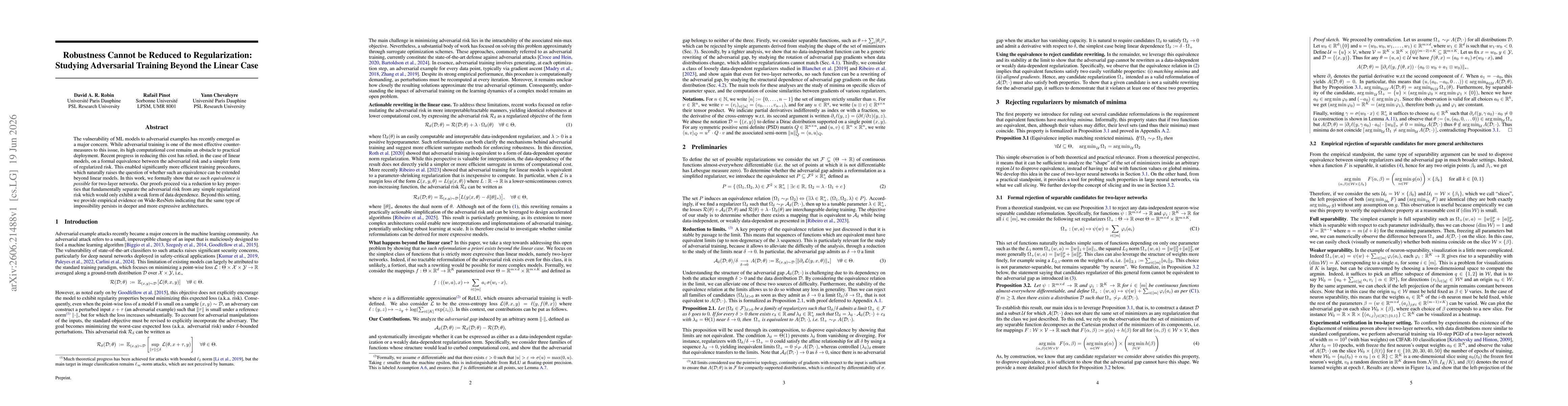 Thumbnail for Robustness Cannot be Reduced to Regularization: Studying Adversarial Training Beyond the Linear Case
