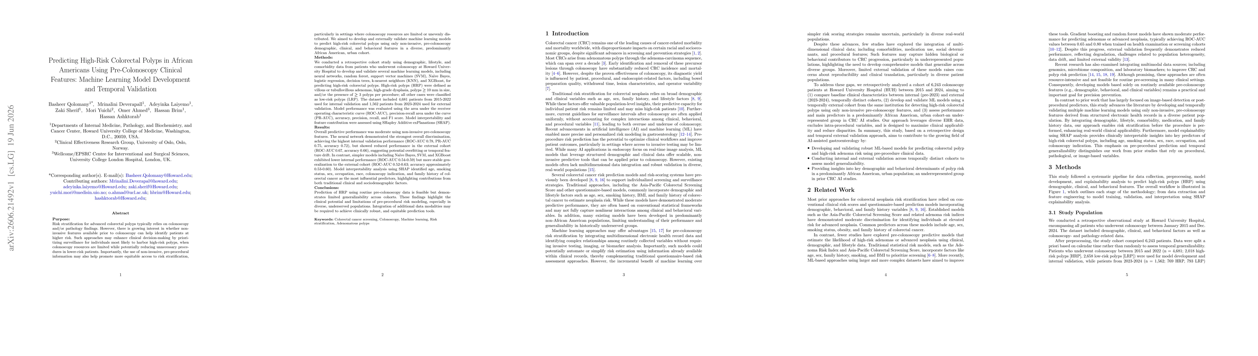 Thumbnail for Predicting High-Risk Colorectal Polyps in African Americans Using Pre-Colonoscopy Clinical Features: Machine Learning Model Development and Temporal Validation