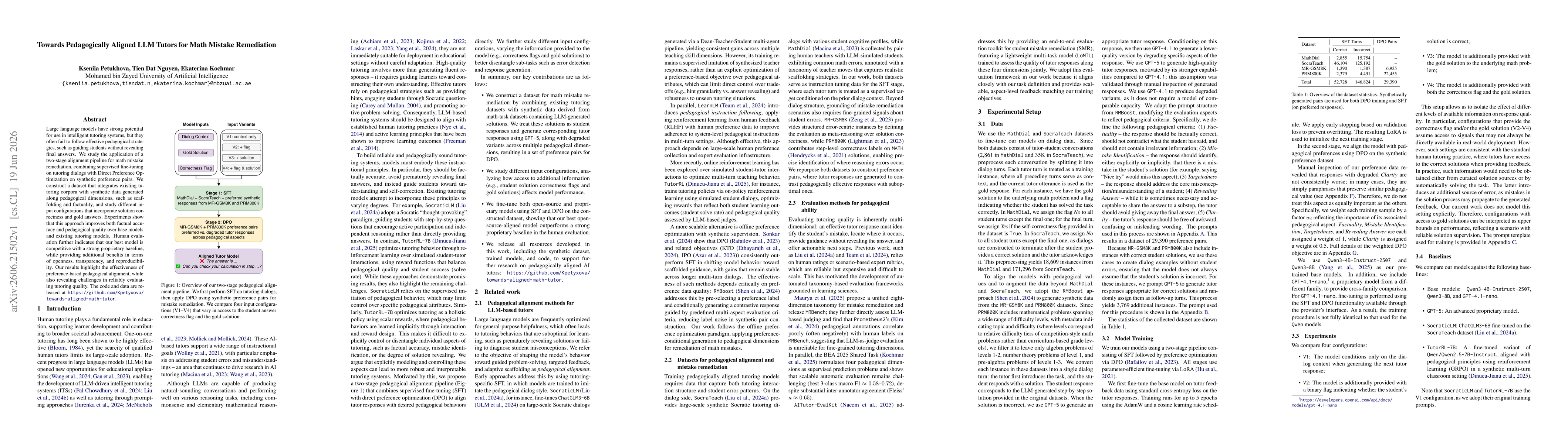 Thumbnail for Towards Pedagogically Aligned LLM Tutors for Math Mistake Remediation