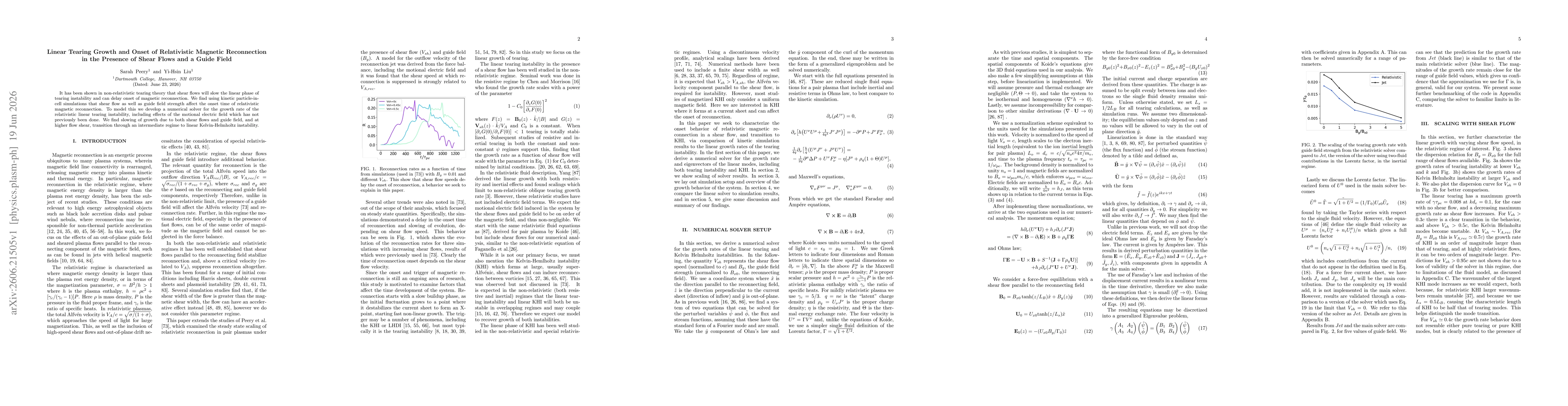 Thumbnail for Linear Tearing Growth and Onset of Relativistic Magnetic Reconnection in the Presence of Shear Flows and a Guide Field