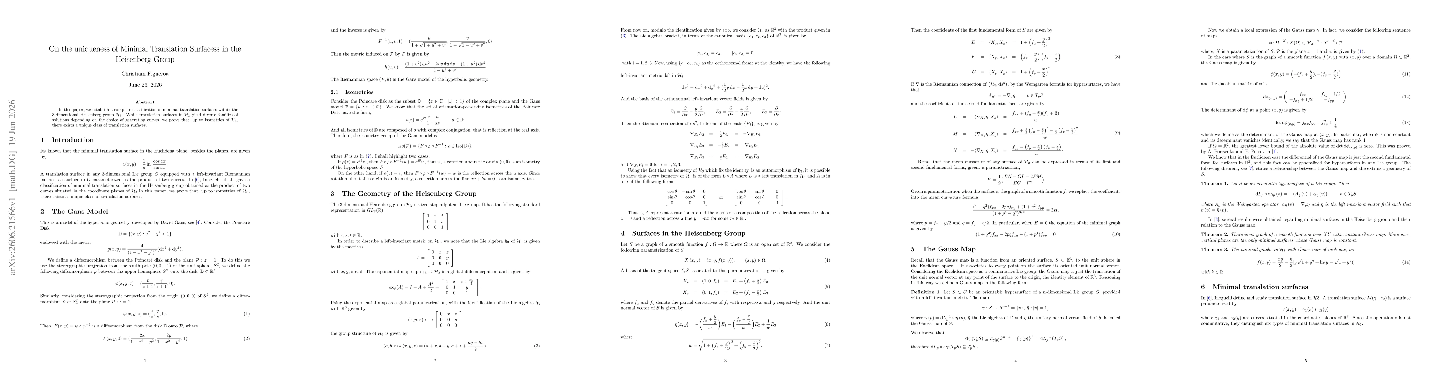 Thumbnail for On the uniqueness of Minimal Translation Surfaces in the Heisenberg Group