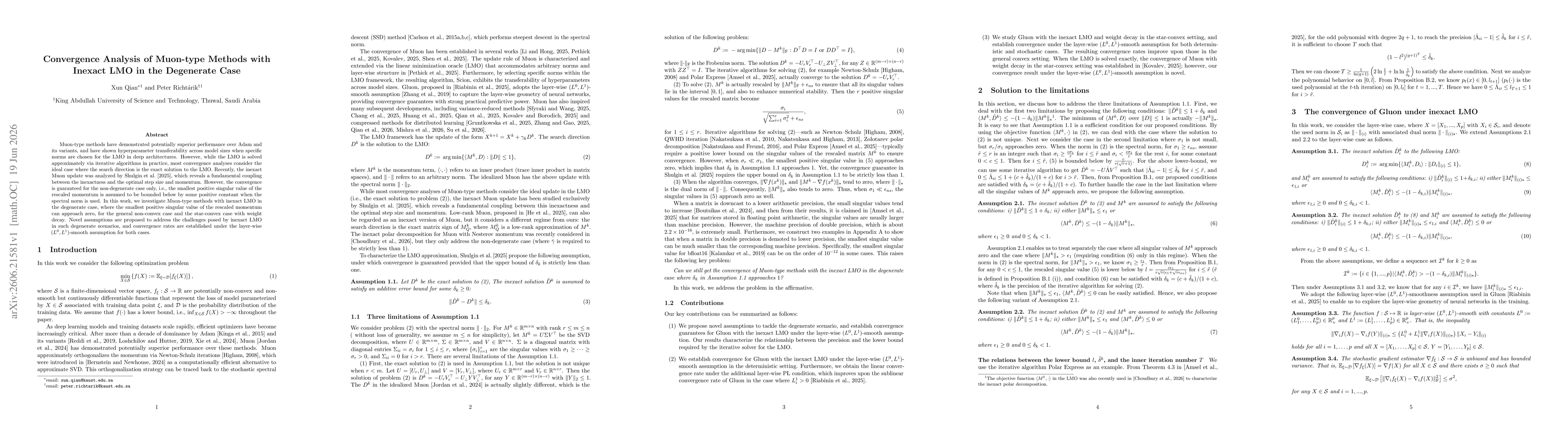 Thumbnail for Convergence Analysis of Muon-type Methods with Inexact LMO in the Degenerate Case