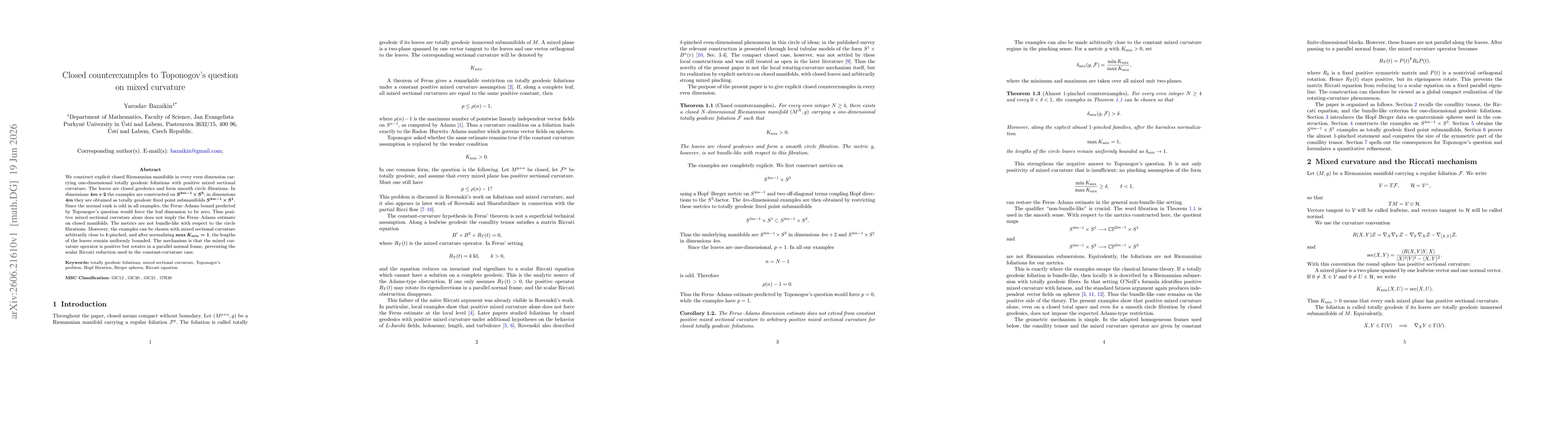 Thumbnail for Closed counterexamples to Toponogov's question on mixed curvature
