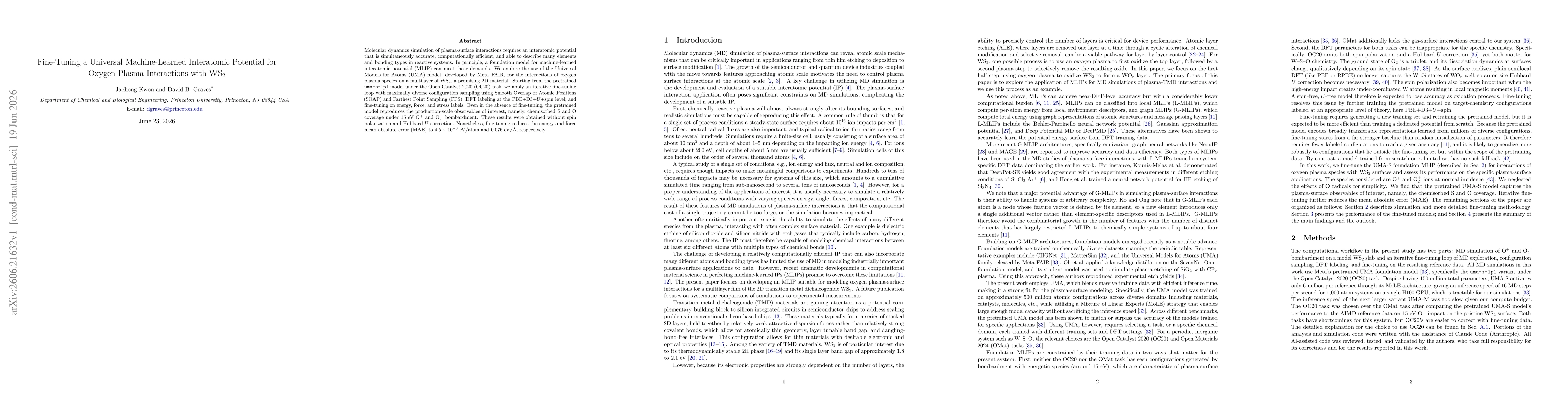 Thumbnail for Fine-Tuning a Universal Machine-Learned Interatomic Potential for Oxygen Plasma Interactions with WS$_2$