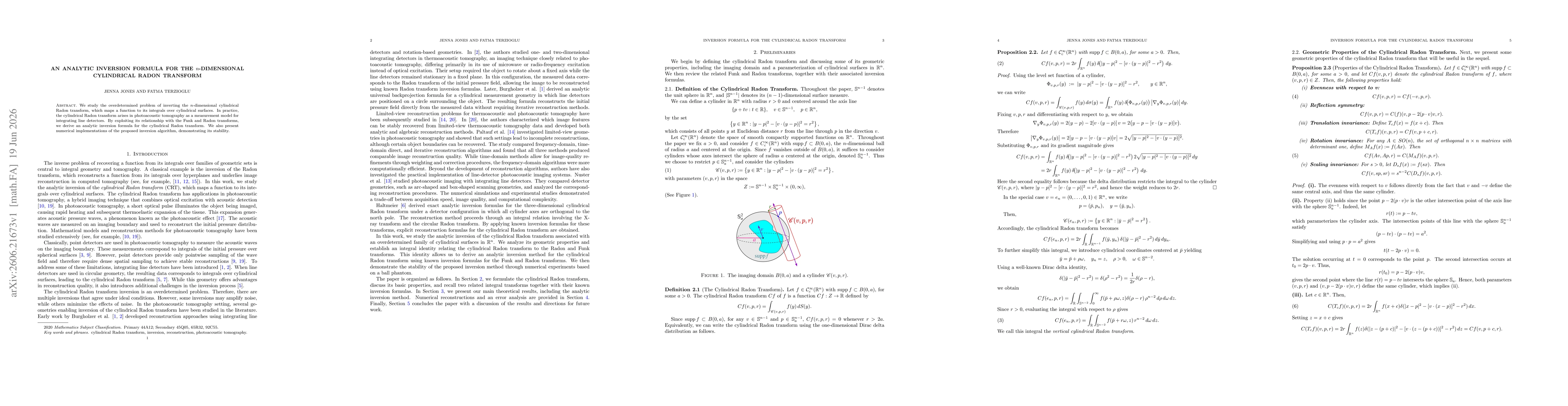 Thumbnail for An analytic inversion formula for the n-dimensional cylindrical Radon transform