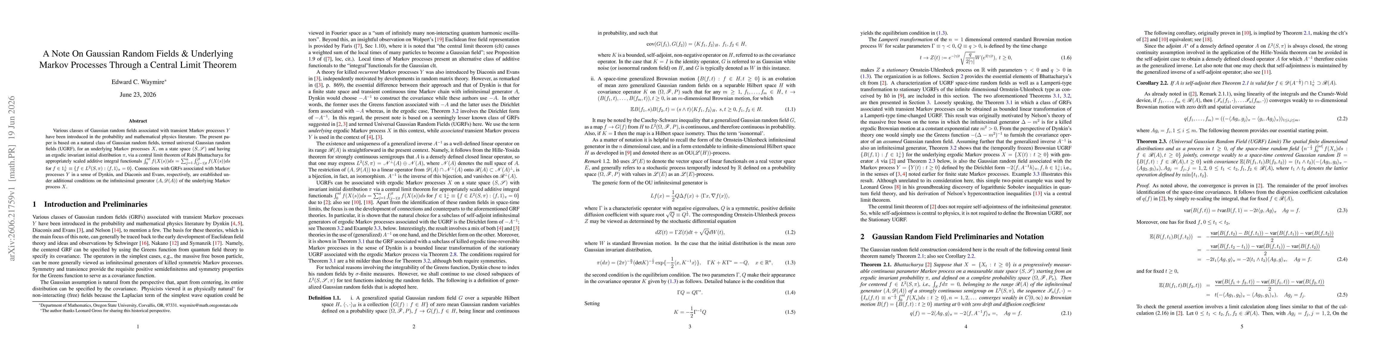 Thumbnail for Note On Gaussian Random Fields \& Underlying Markov Processes Through a Central Limit Theorem