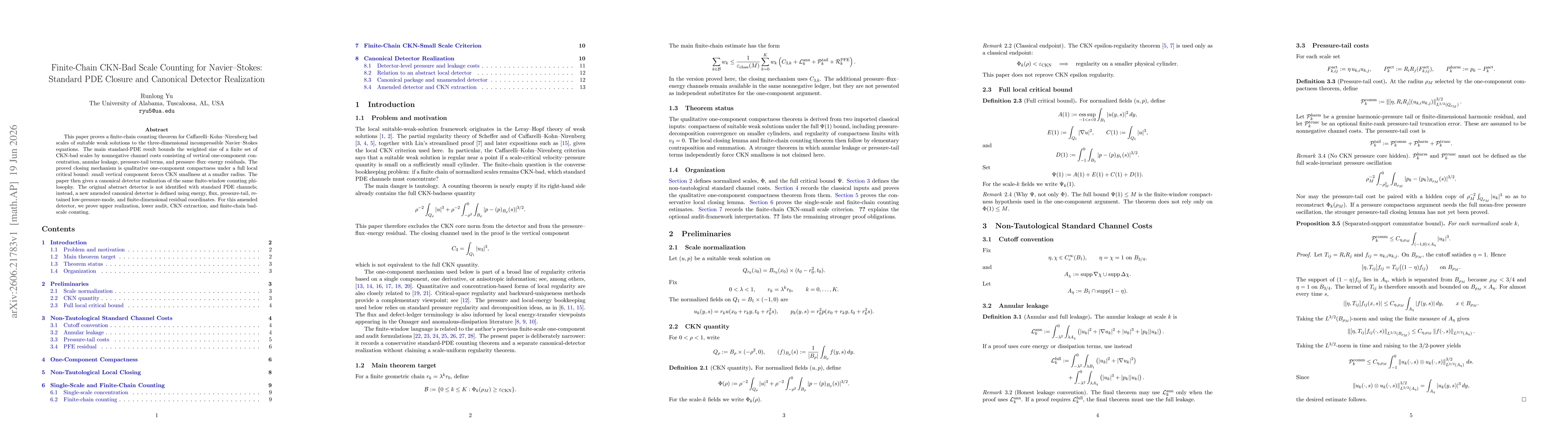 Thumbnail for Finite-Chain CKN-Bad Scale Counting for Navier-Stokes: Standard PDE Closure and Canonical Detector Realization