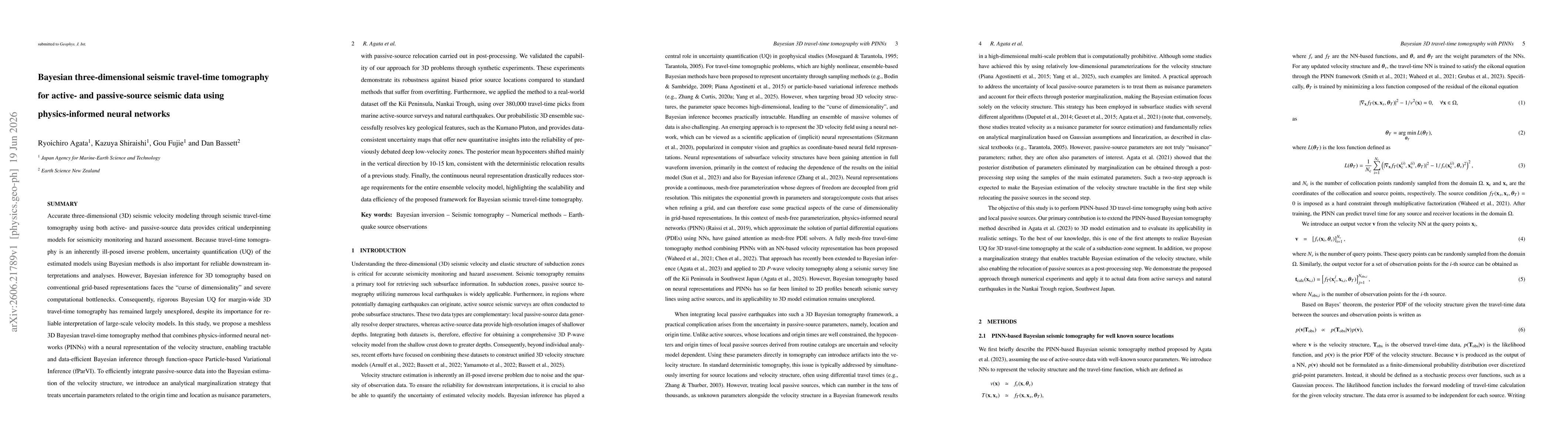 Thumbnail for Bayesian three-dimensional seismic travel-time tomography for active- and passive-source seismic data using physics-informed neural network