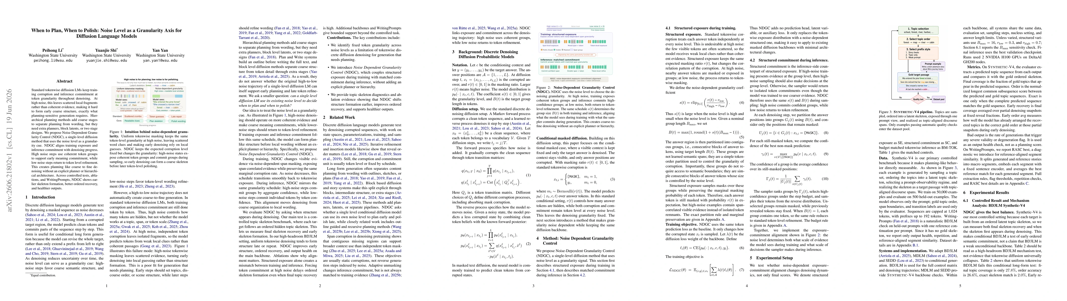 Thumbnail for When to Plan, When to Polish: Noise Level as a Granularity Axis for Diffusion Language Models