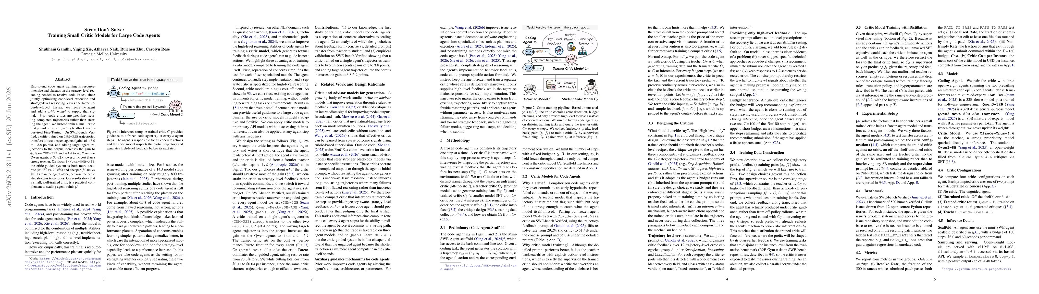 Thumbnail for Steer, Don't Solve: Training Small Critic Models for Large Code Agents