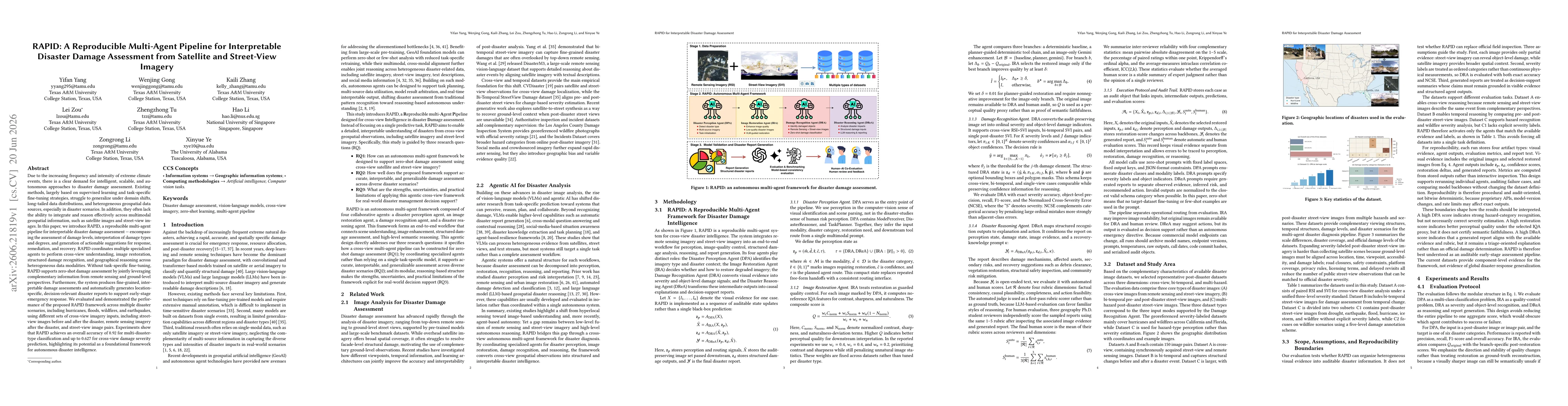 Thumbnail for RAPID: A Reproducible Multi-Agent Pipeline for Interpretable Disaster Damage Assessment from Satellite and Street-View Imagery