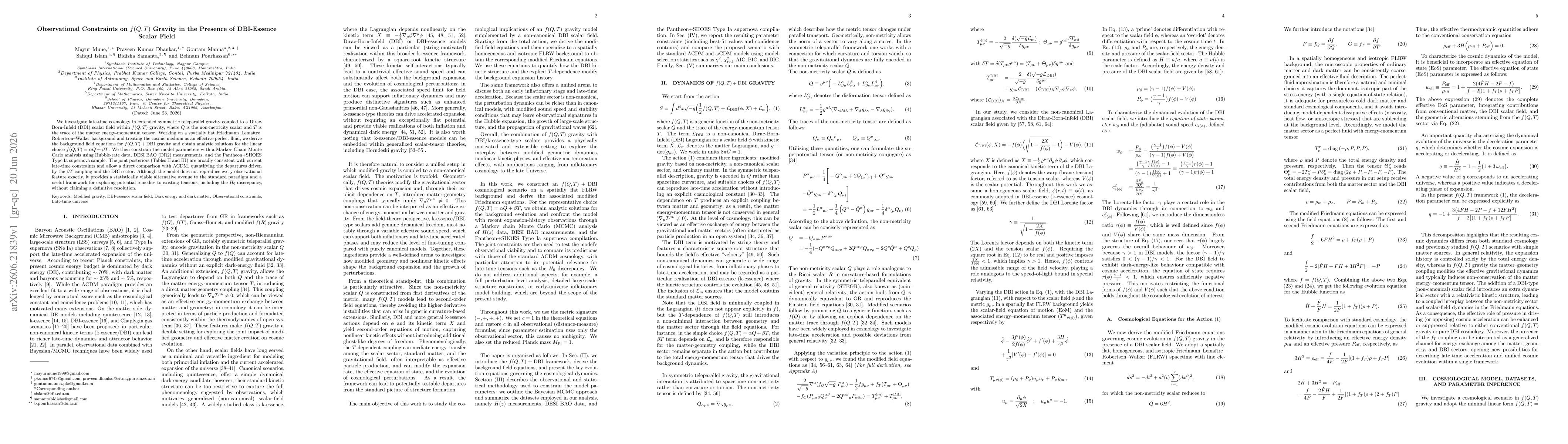 Thumbnail for Observational Constraints on $f(Q,T)$ Gravity in the Presence of DBI-Essence Scalar Field