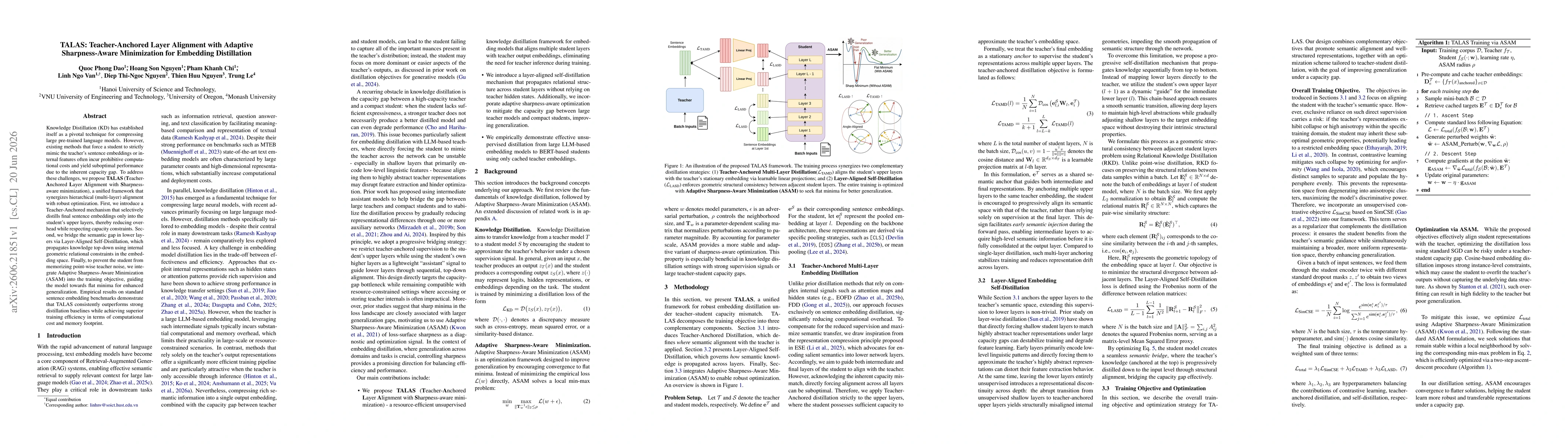 Thumbnail for TALAS: Teacher-Anchored Layer Alignment with Adaptive Sharpness-Aware Minimization for Embedding Distillation