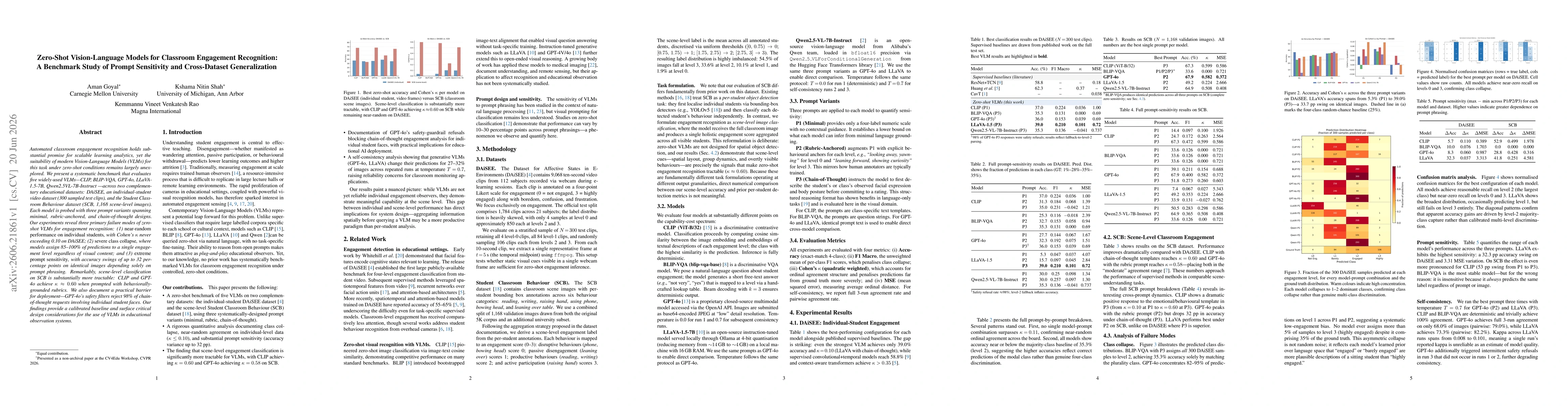 Thumbnail for Zero-Shot Vision-Language Models for Classroom Engagement Recognition: A Benchmark Study of Prompt Sensitivity and Cross-Dataset Generalization