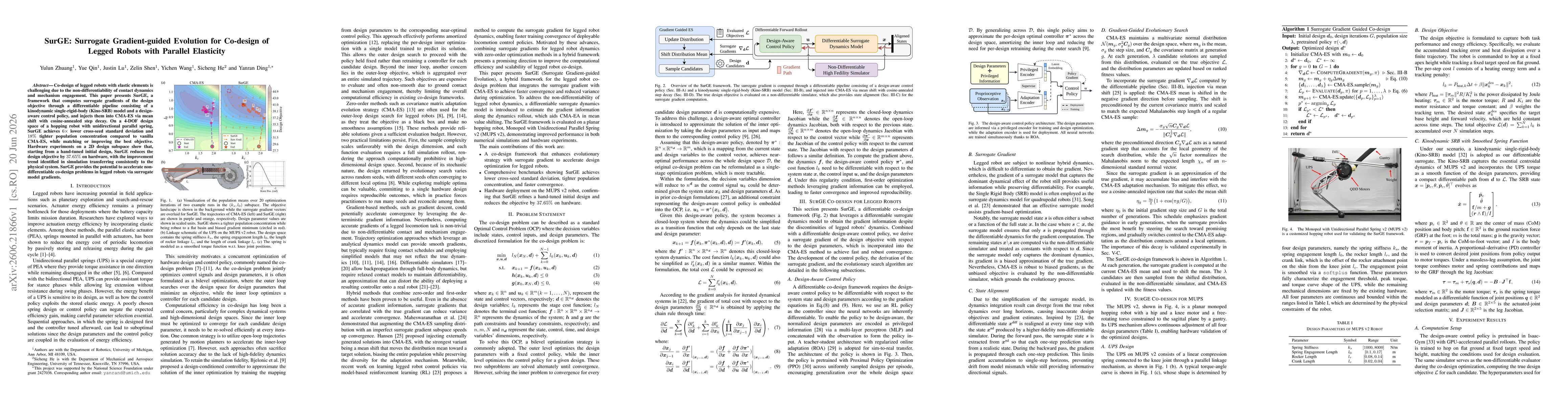 Thumbnail for SurGE: Surrogate Gradient-guided Evolution for Co-design of Legged Robots with Parallel Elasticity