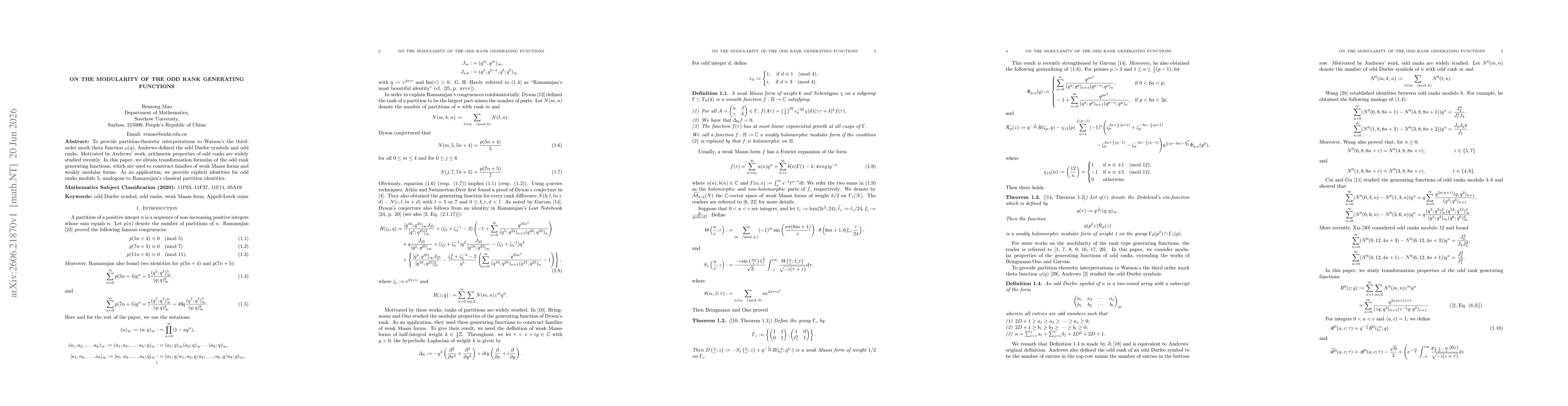 Thumbnail for On the modularity of the odd rank generating functions