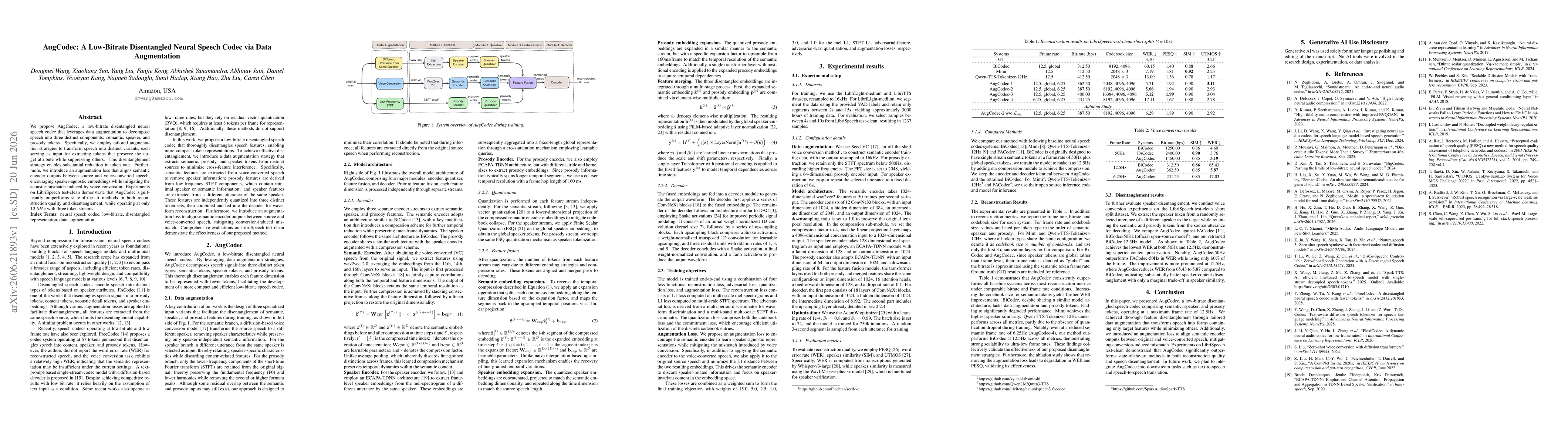 Thumbnail for AugCodec: A Low-Bitrate Disentangled Neural Speech Codec via Data Augmentation