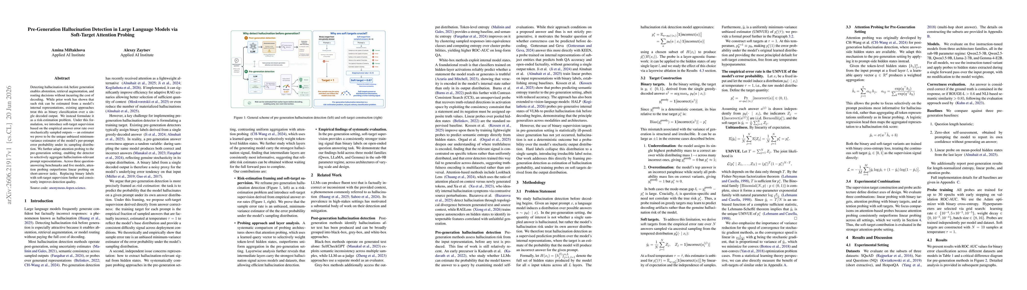 Thumbnail for Pre-Generation Hallucination Detection in Large Language Models via Soft-Target Attention Probing