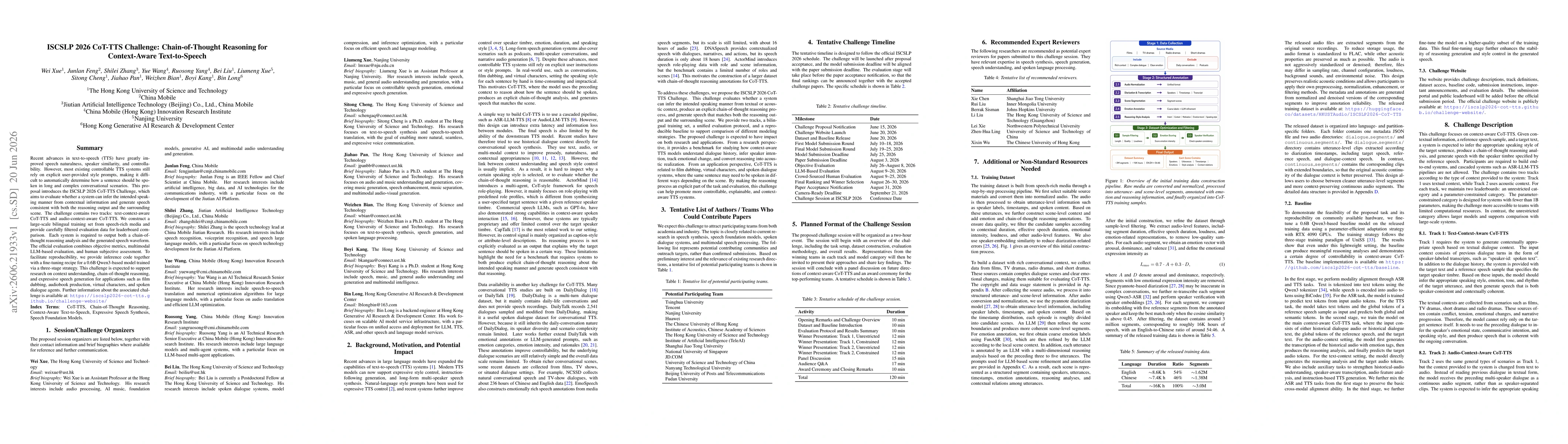 Thumbnail for ISCSLP 2026 CoT-TTS Challenge: Chain-of-Thought Reasoning for Context-Aware Text-to-Speech