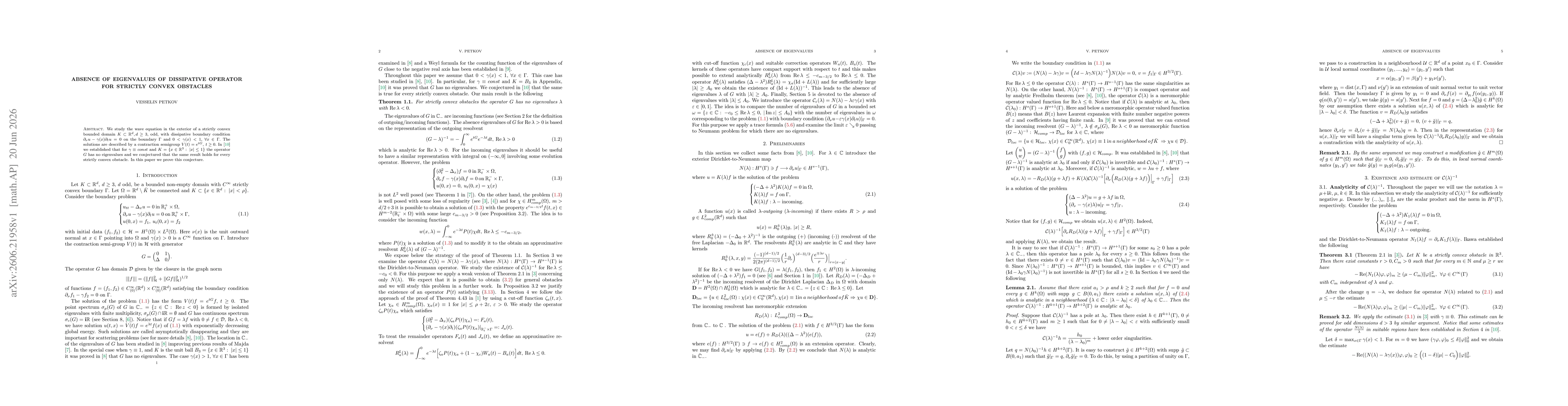 Thumbnail for Absence of eigenvalues of dissipative operator for strictly convex obstacles