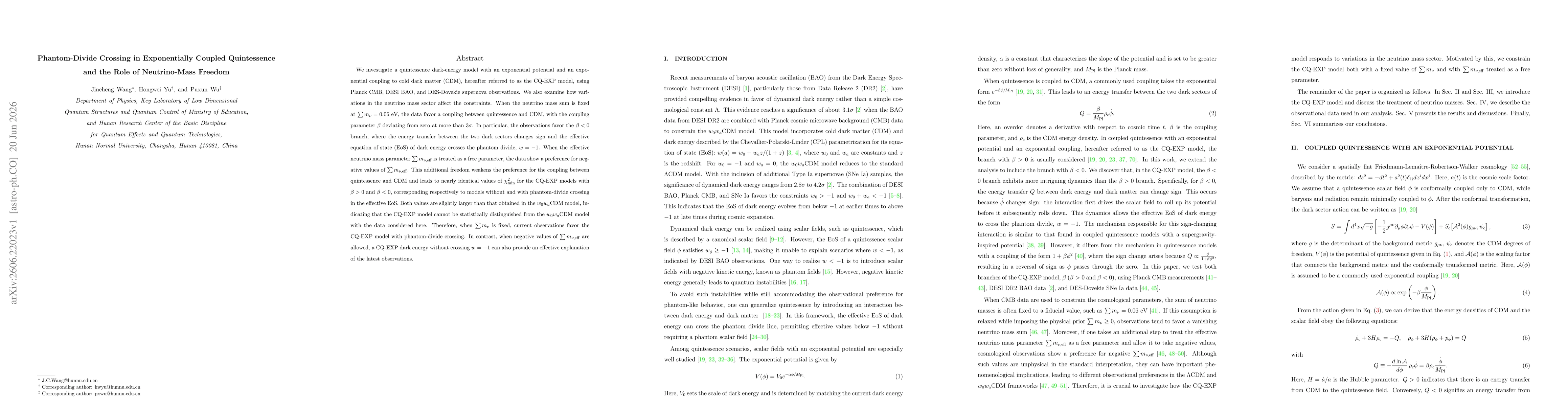 Thumbnail for Phantom-Divide Crossing in Exponentially Coupled Quintessence and the Role of Neutrino-Mass Freedom