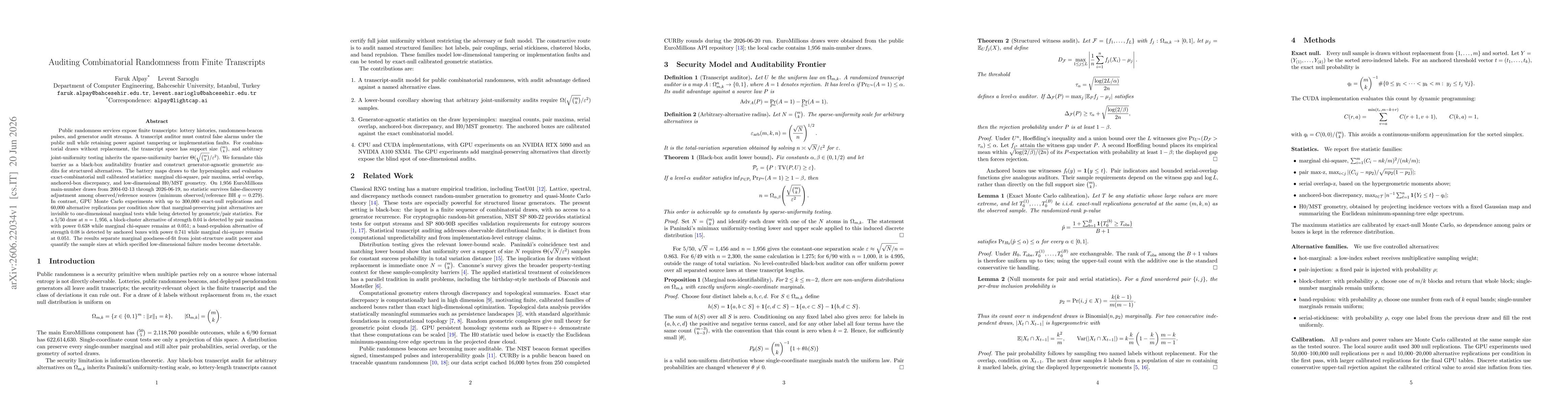 Thumbnail for Auditing Combinatorial Randomness from Finite Transcripts
