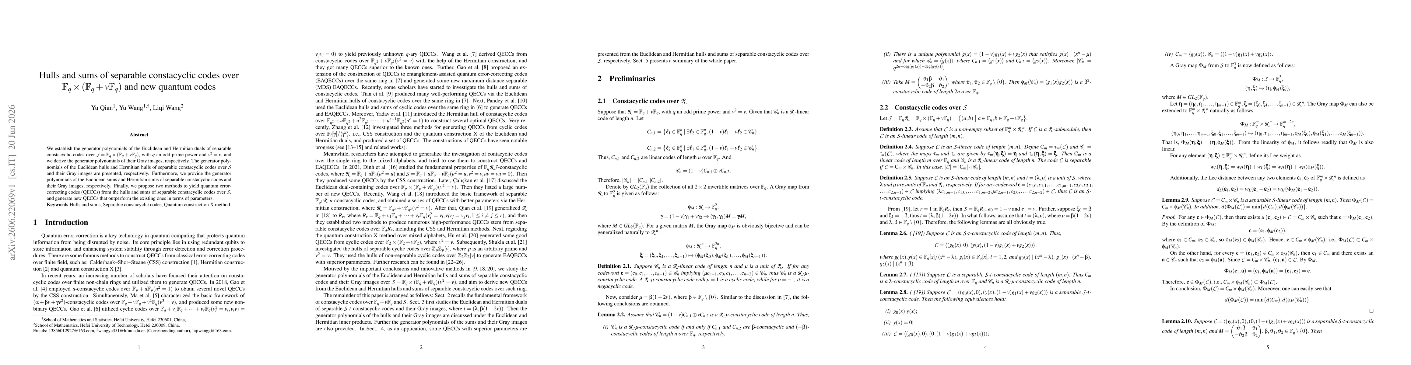 Thumbnail for Hulls and sums of separable constacyclic codes over $\mathbb{F}_q \times (\mathbb{F}_q+v\mathbb{F}_q)$ and new quantum codes
