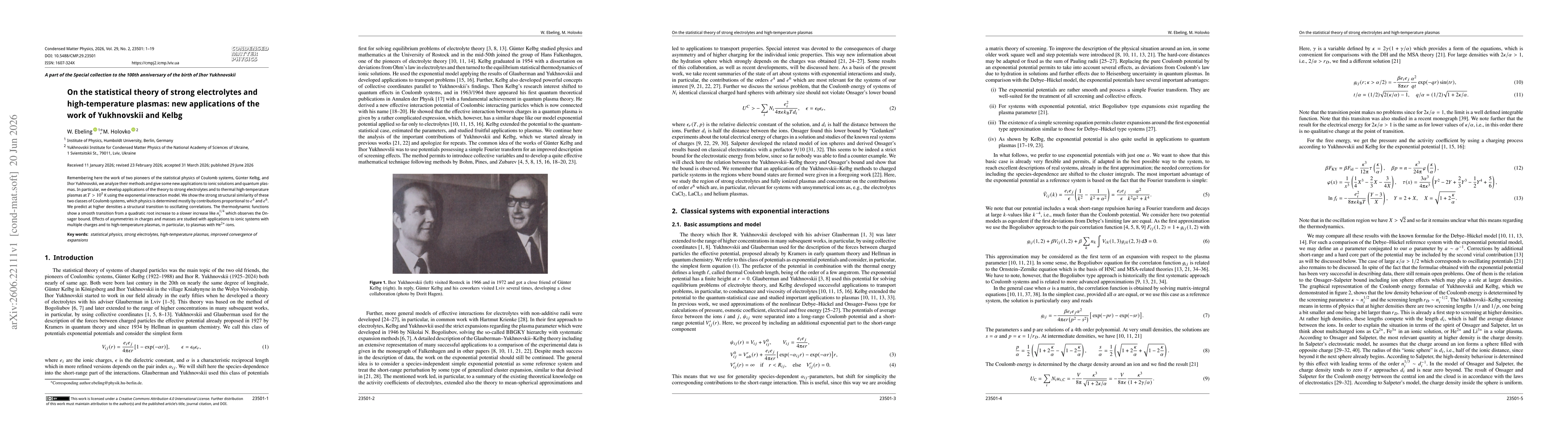 Thumbnail for On the statistical theory of strong electrolytes and high-temperature plasmas: new applications of the work of Yukhnovskii and Kelbg