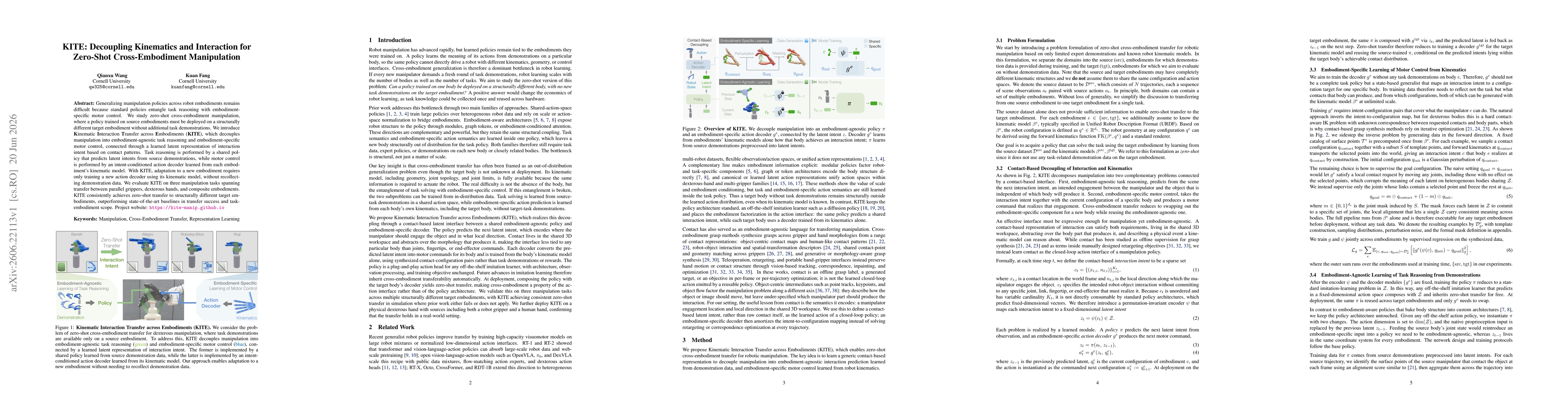 Thumbnail for KITE: Decoupling Kinematics and Interaction for Zero-Shot Cross-Embodiment Manipulation