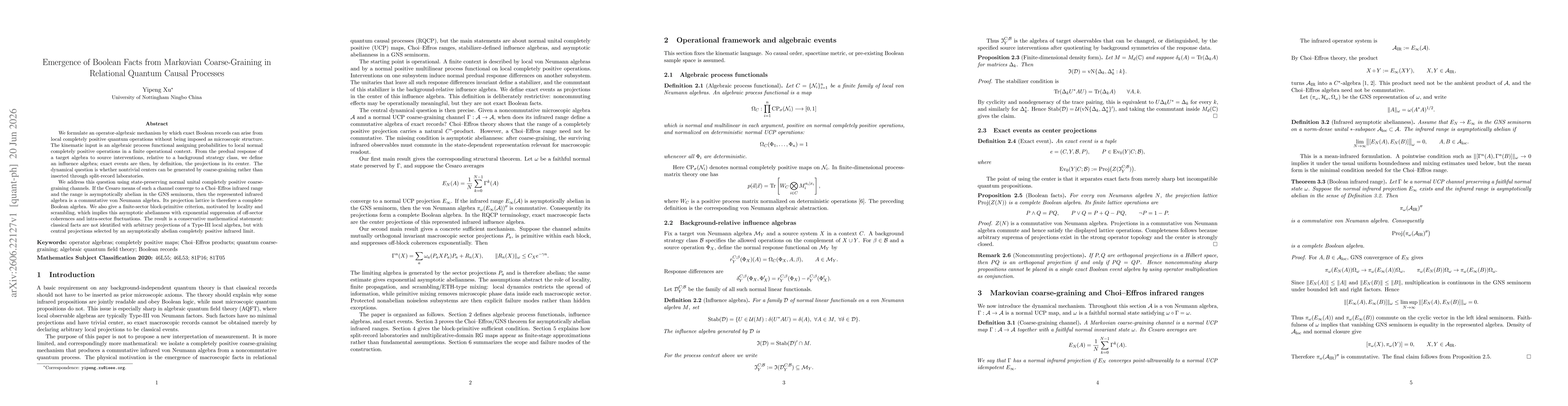 Thumbnail for Emergence of Boolean Facts from Markovian Coarse-Graining in Relational Quantum Causal Processes