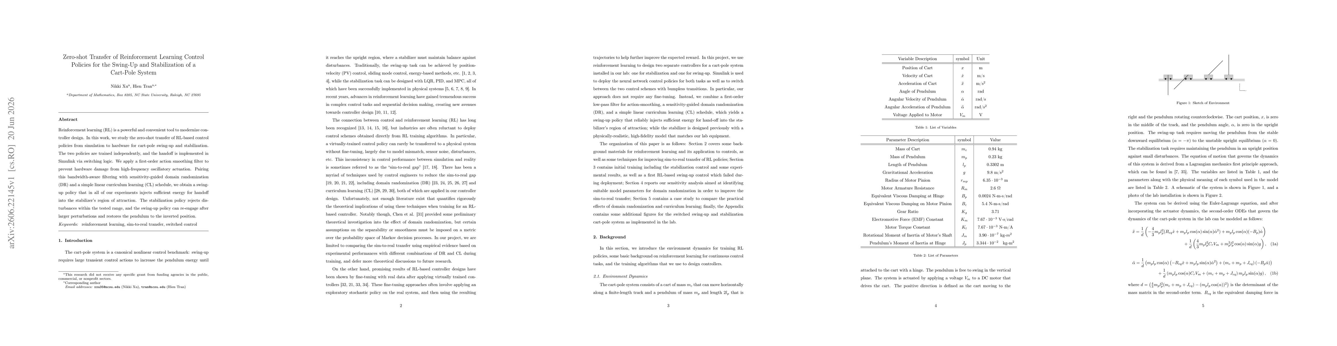 Thumbnail for Zero-shot Transfer of Reinforcement Learning Control Policies for the Swing-Up and Stabilization of a Cart-Pole System