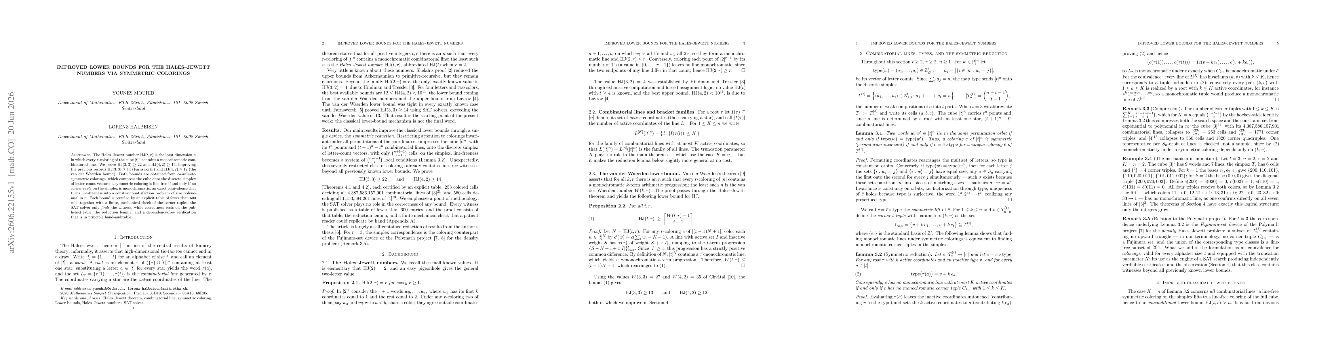 Thumbnail for Improved Lower Bounds for the Hales-Jewett Numbers via Symmetric Colorings