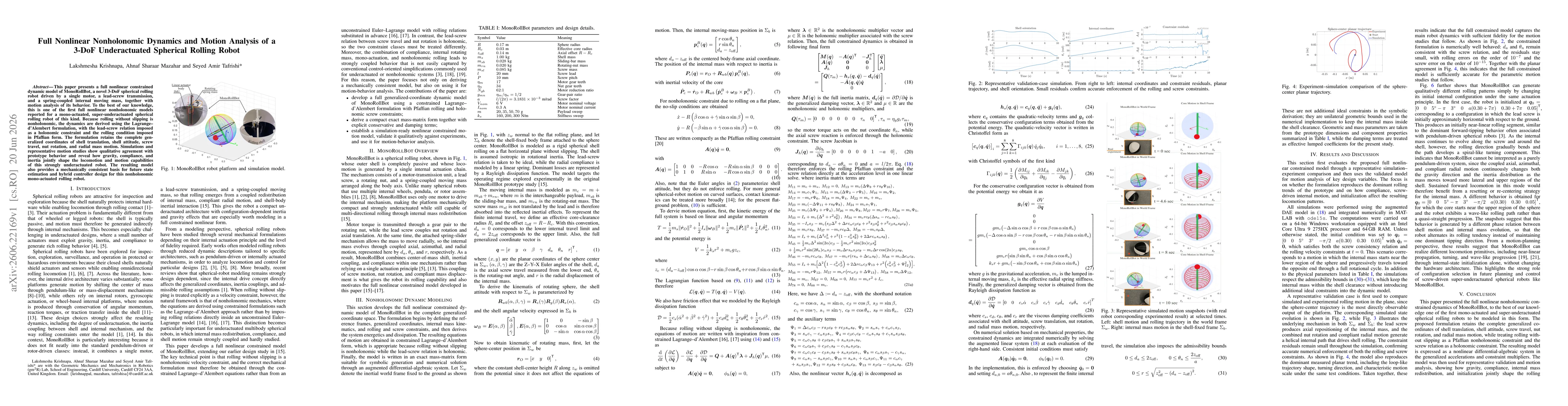 Thumbnail for Full Nonlinear Nonholonomic Dynamics and Motion Analysis of a 3-DoF Underactuated Spherical Rolling Robot