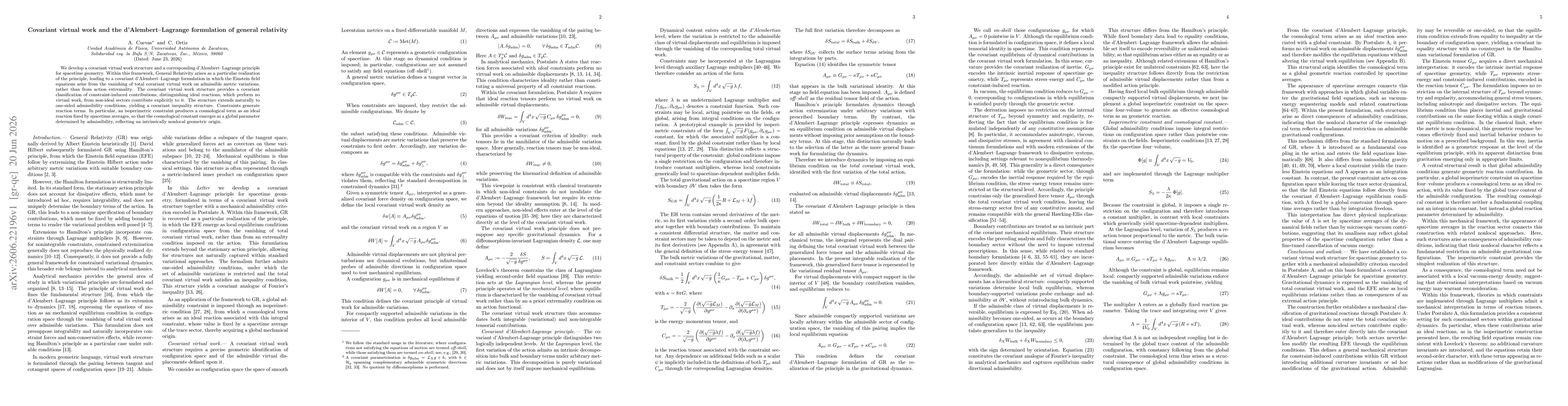 Thumbnail for Covariant virtual work and the d'Alembert-Lagrange formulation of general relativity