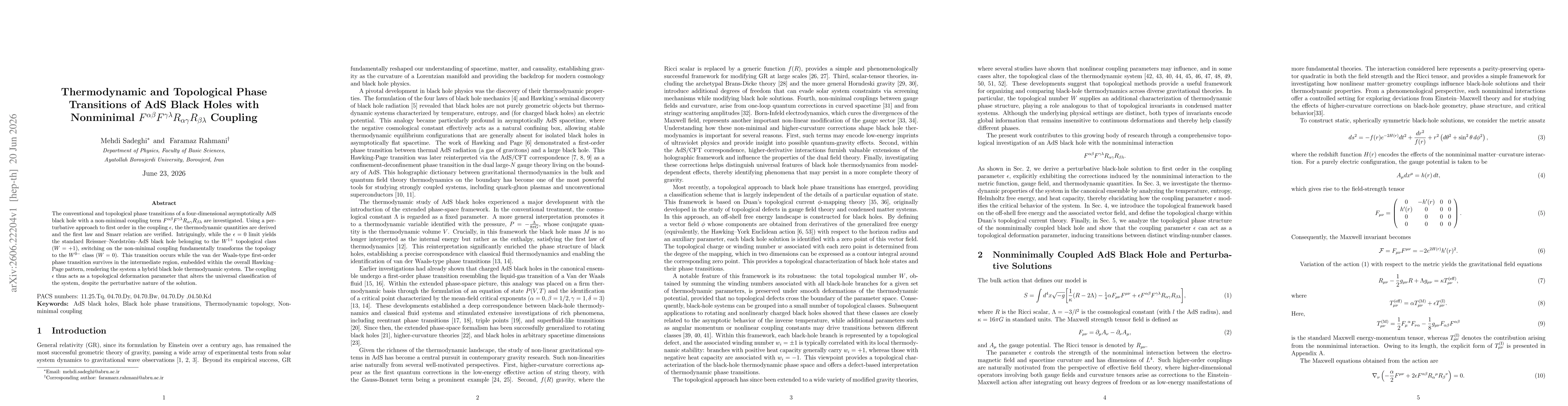 Thumbnail for Thermodynamic and Topological Phase Transitions of AdS Black Holes with Nonminimal $F^{αβ}F^{γλ}R_{αγ}R_{βλ}$ Coupling