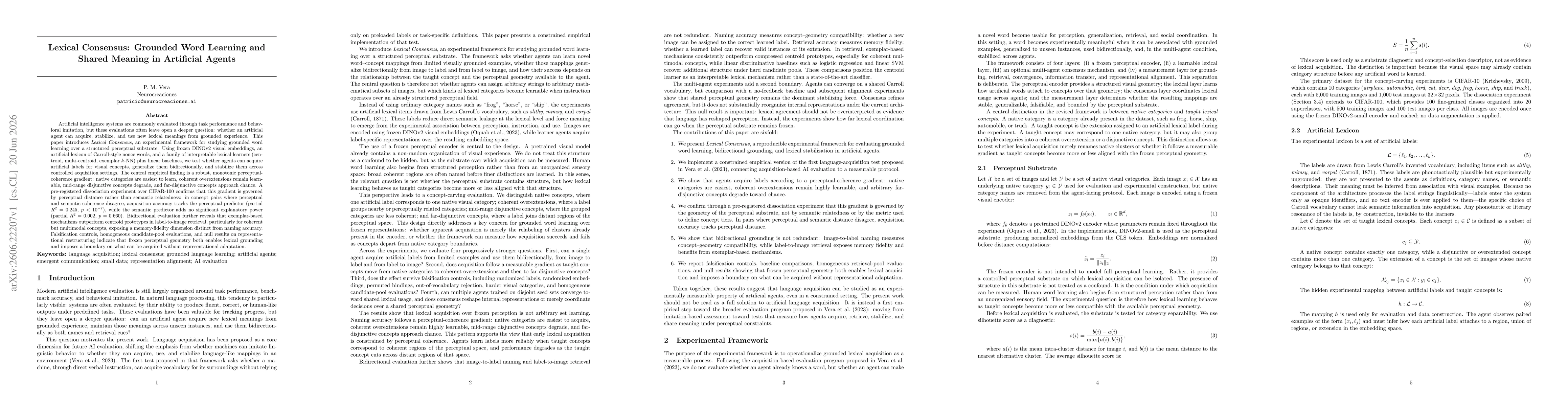 Thumbnail for Lexical Consensus: Grounded Word Learning and Shared Meaning in Artificial Agents
