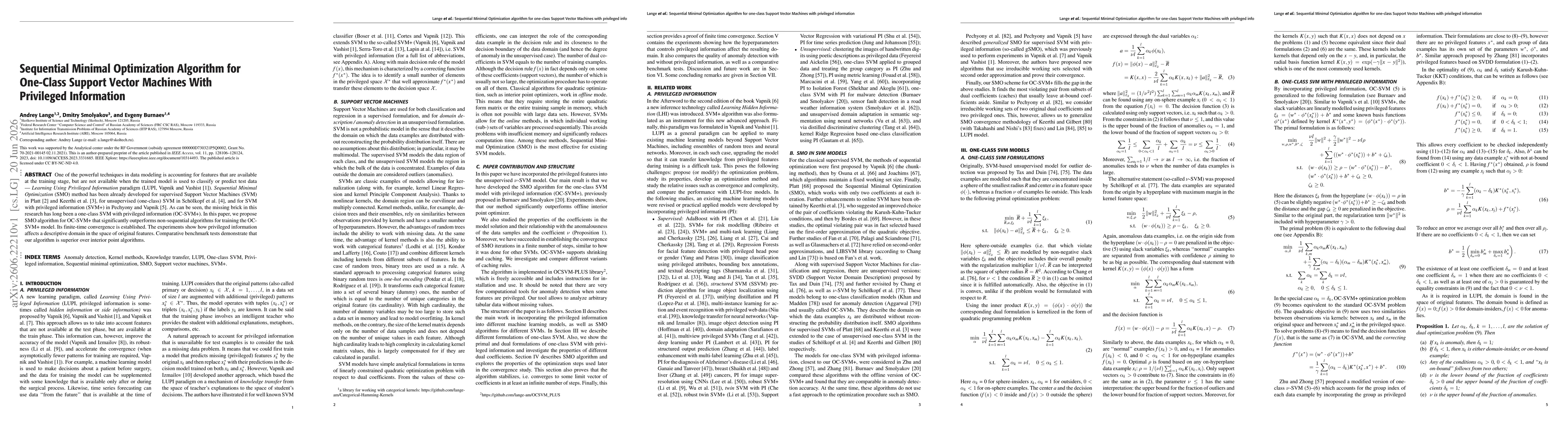 Thumbnail for Sequential Minimal Optimization Algorithm for One-Class Support Vector Machines With Privileged Information