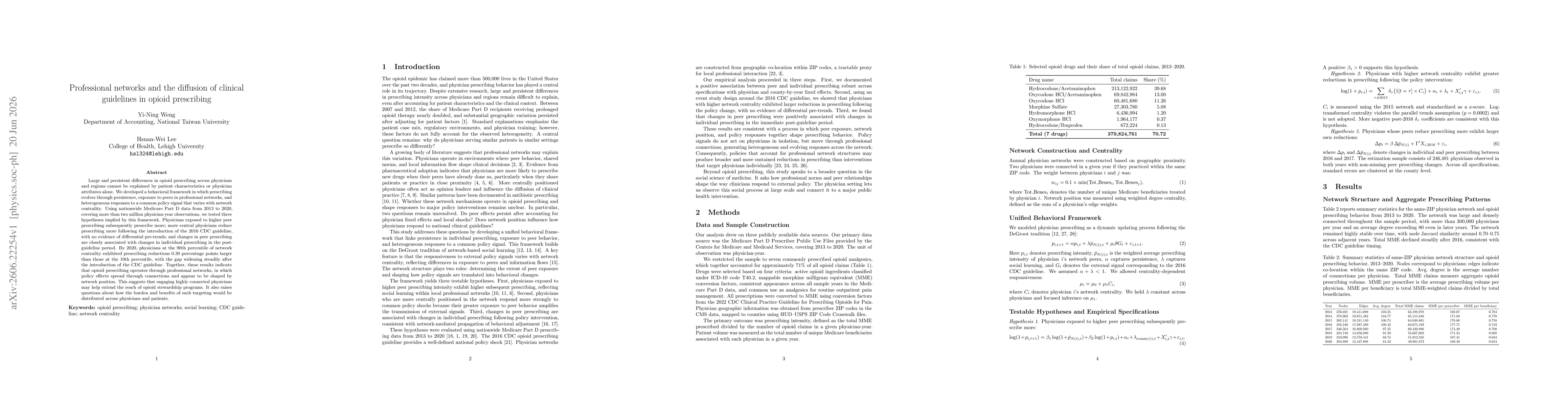 Thumbnail for Professional networks and the diffusion of clinical guidelines in opioid prescribing