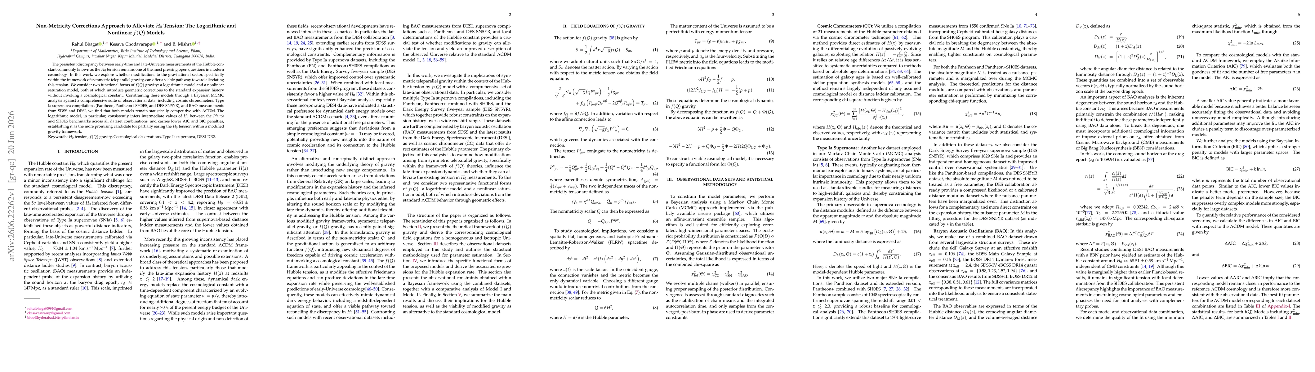 Thumbnail for Non-Metricity Corrections Approach to Alleviate $H _0$ Tension: The Logarithmic and Nonlinear $f(Q)$ Models